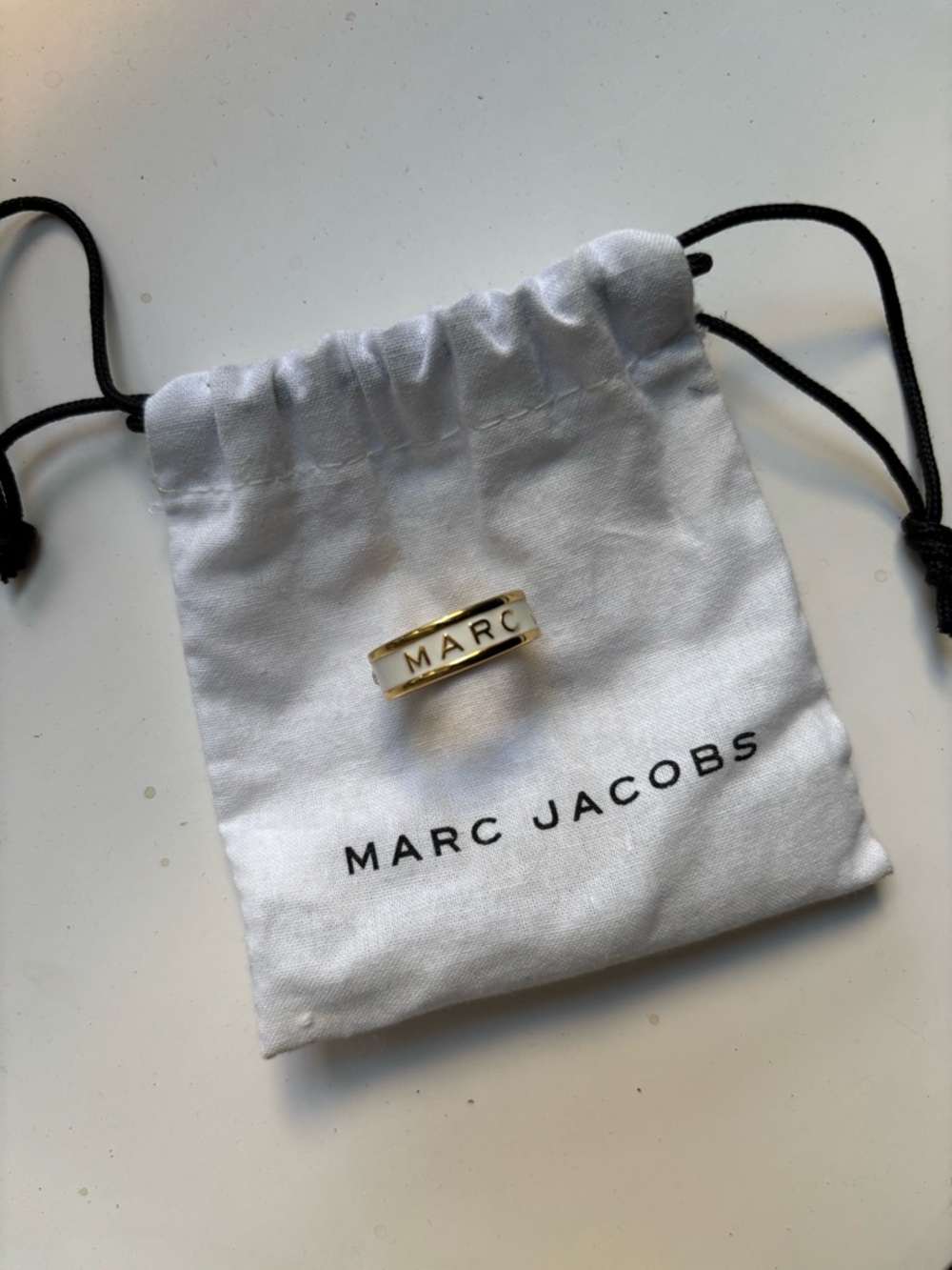 Marc Jacobs White Enamel and Gold Logo Band Ring